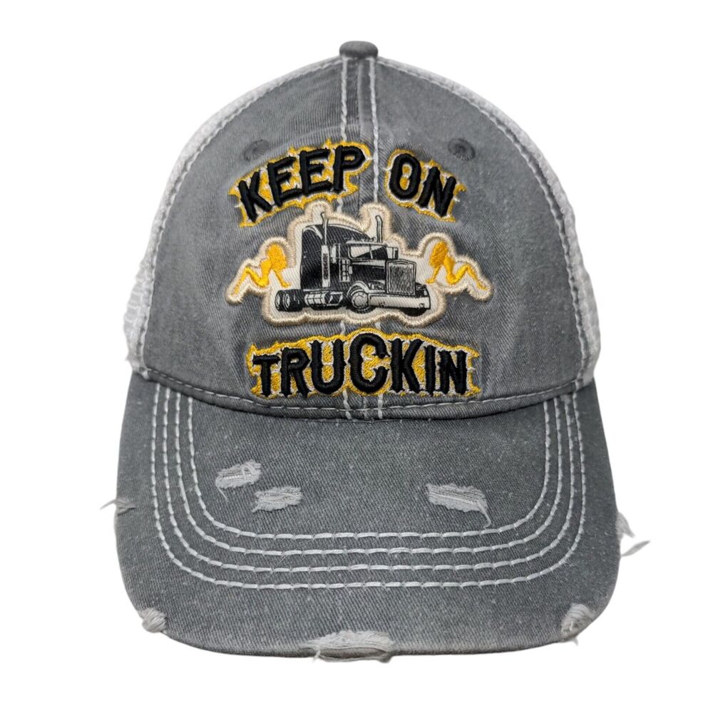 Keep On Truckin Snapback Trucker Hat Gray OSFM Mesh Back Distressed Wild Wear